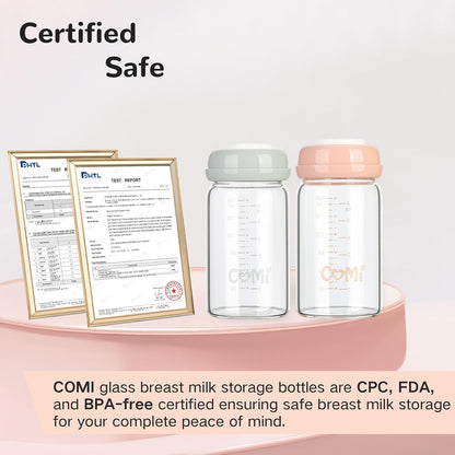 COMI Natural Glass Baby Bottle,Breastmilk Storage Bottle for Fridge,Wide Neck Breast Milk Container with Dome Cap,Fits Breast Pumps & Nipples,BPA Free,4PCS (6oz,4 Gray Lids)