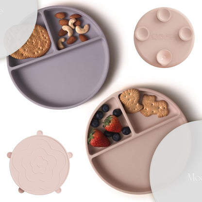 Moonkie Suction Plates for Baby | 100% Silicone BPA-Free Baby Plates with Lids and Food Cover | Divided Design | Microwave and Dishwasher Safe | Toddler Plates 3 Pack