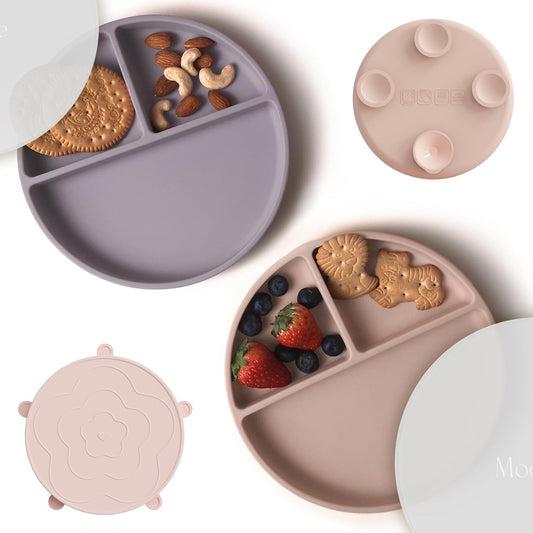 Moonkie Suction Plates for Baby | 100% Silicone BPA-Free Baby Plates with Lids and Food Cover | Divided Design | Microwave and Dishwasher Safe | Toddler Plates 3 Pack