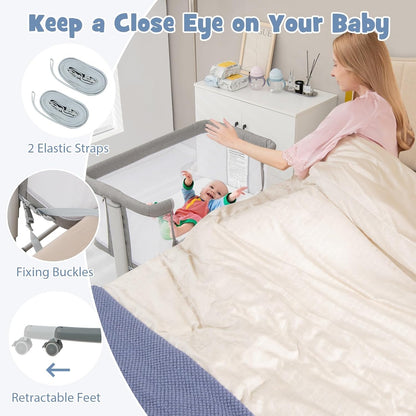INFANS 3 in 1 Baby Bassinet, Bedside Sleeper for Newborn, Folding Crib with Mattress, Travel Bag, Wheels, 4-Sided Mesh, Easy to Assemble Cradle Co Sleeper Stationary, Rock (Dark Grey)