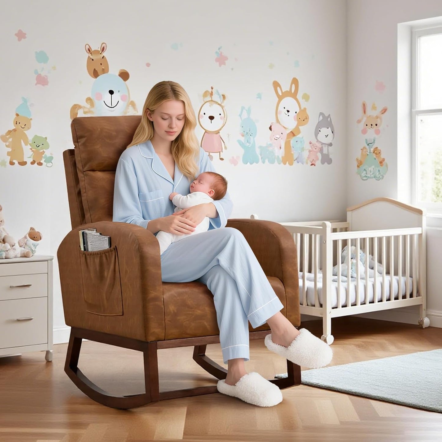 GarveeHome Rocking Chair Nursery,Glider Chair Nursery Chair with High Back and Side Pocket, Rocking Accent Armchair with Rubber Wood Legs for Living Room/Bedroom/Nursery