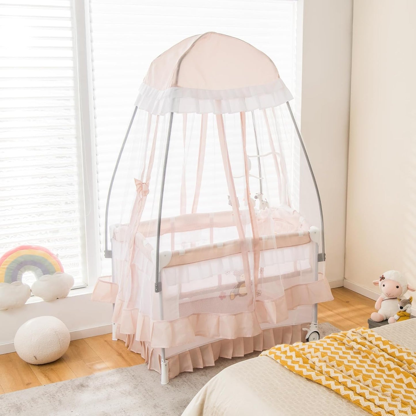 HONEY JOY 4-in-1 Pack and Play with Canopy, Portable Baby Playard w/Changing Table and Infant Bassinet, Cute Toys & Music, Foldable Bassinet for Newborn and Toddler (Hot Pink)