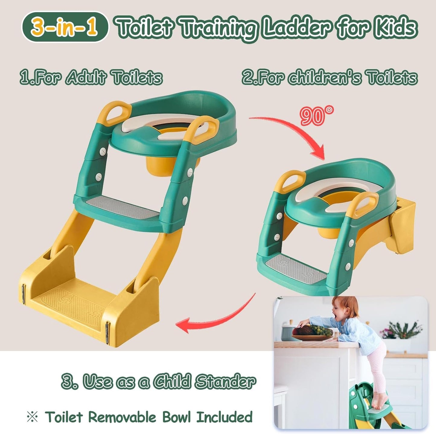 3 in 1 Toddler Potty Training Seat Chair with Ladder and Basin for Boys and Girls, Adjustable Kids Potty Training Seat for Toilet with Anti-Slip Wide Steps and Safety Handles (Green)