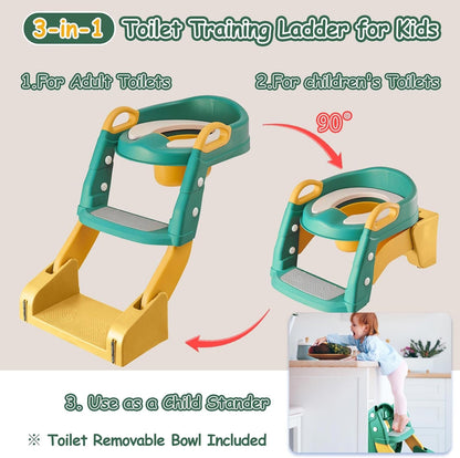 3 in 1 Toddler Potty Training Seat Chair with Ladder and Basin for Boys and Girls, Adjustable Kids Potty Training Seat for Toilet with Anti-Slip Wide Steps and Safety Handles (Green)