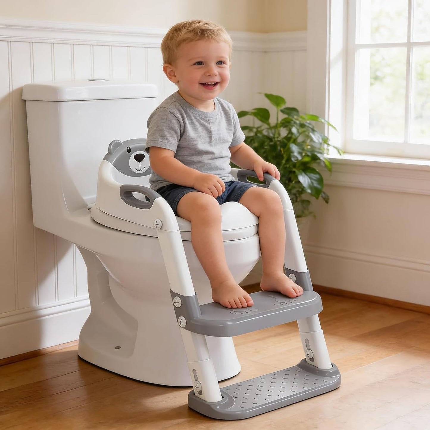 Potty Training Seat, SKYROKU Upgrade Toddler Toilet Seat for Kids Boys Girls, 2 in 1 Potty Training Toilet, Splash Guard Anti-Slip Pad Step Stool,New Sector-Shape Stabilized Base (8899+Grey)