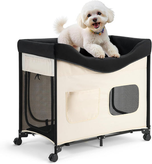 VEVOR Bedside Lounge Pet Bed, Foldable Bunk Dog Bed with 600D Oxford Cloth and Dutch Velvet, Portable Raised Cot with Wheels, Side Storage Bags, and Carry Bag for Cats & Dogs, L, Beige