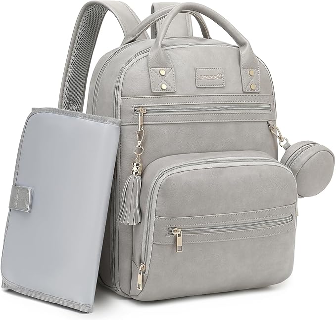 ROSEGIN Premium Vegan Leather Diaper Bag Backpack with Waterproof Changing Pad, Reinforced Zippers & Odor-Free, 20 Pockets Pro Organizer, Fits 15.6" Laptop, Stroller Straps, Baby Bag for Mom, Grey