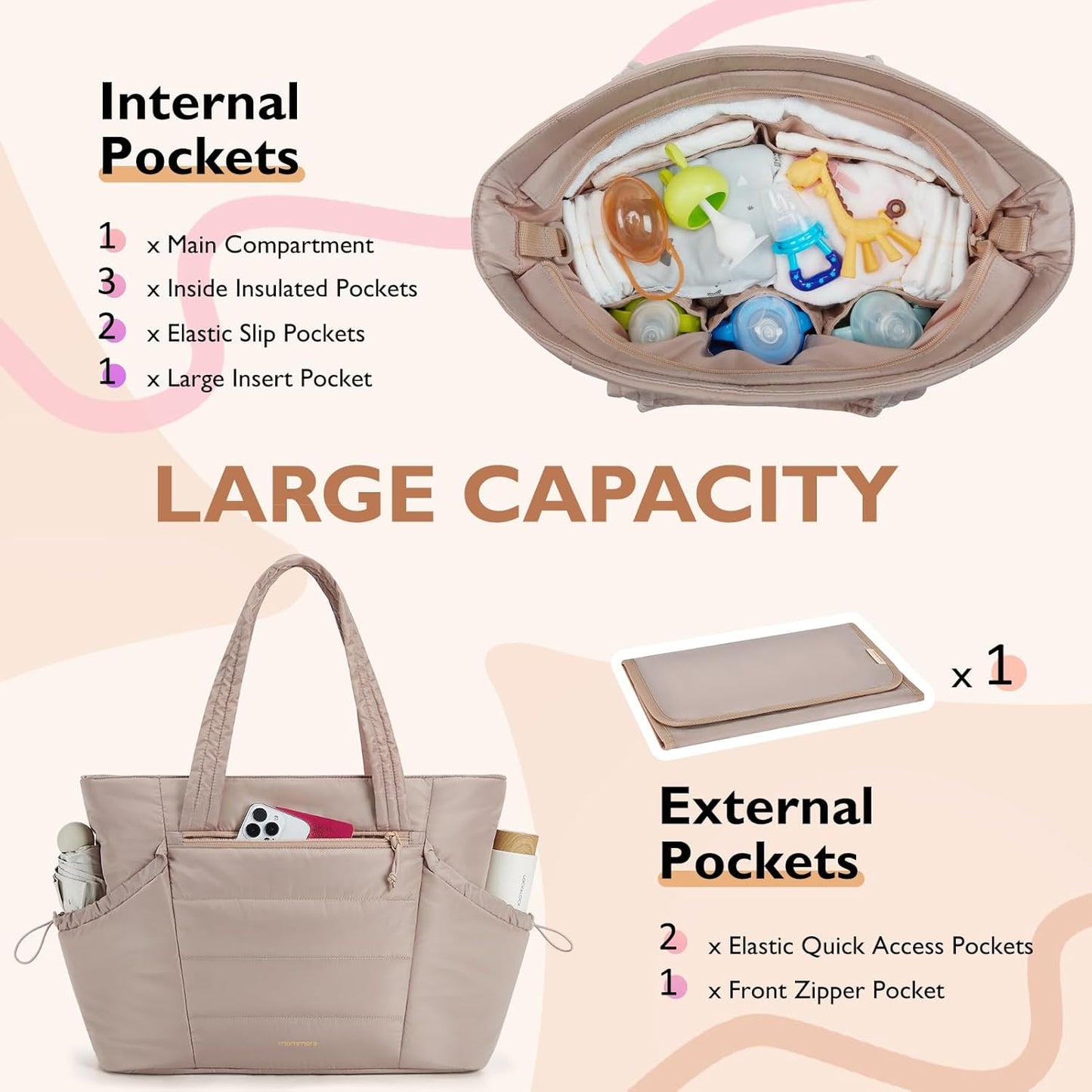 mommore Diaper Bag Tote with Stroller Organizer Puffer Bag Large Capacity Baby Bag with Changing Pad for Travel, Hospital