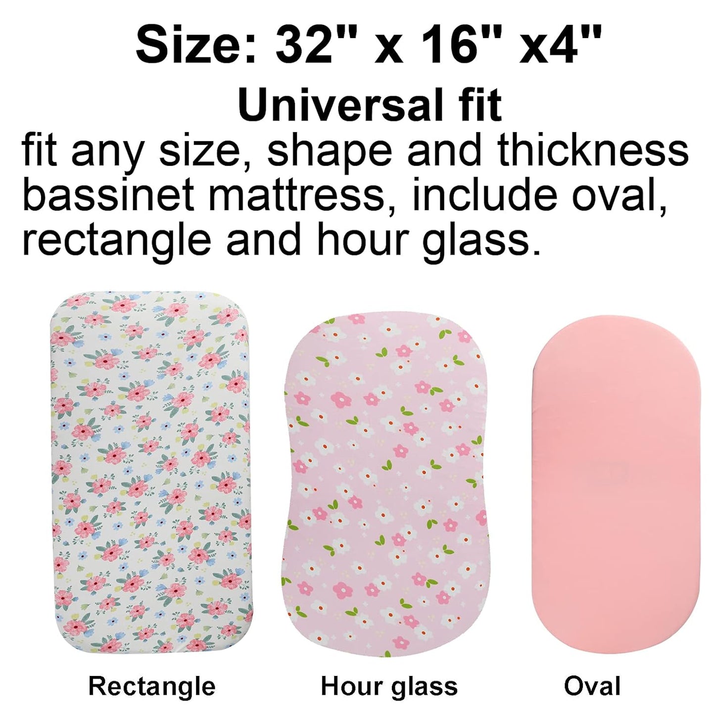 Onacosht Stretchy Bassinet Sheets 33" x 19" Compatible with Mika Micky, KoolaBaby (3 in 1), BabyBond, HARPPA and RICUTON Bedside Bassinet, 3 Pack for Baby Boy and Girl, Pink Floral