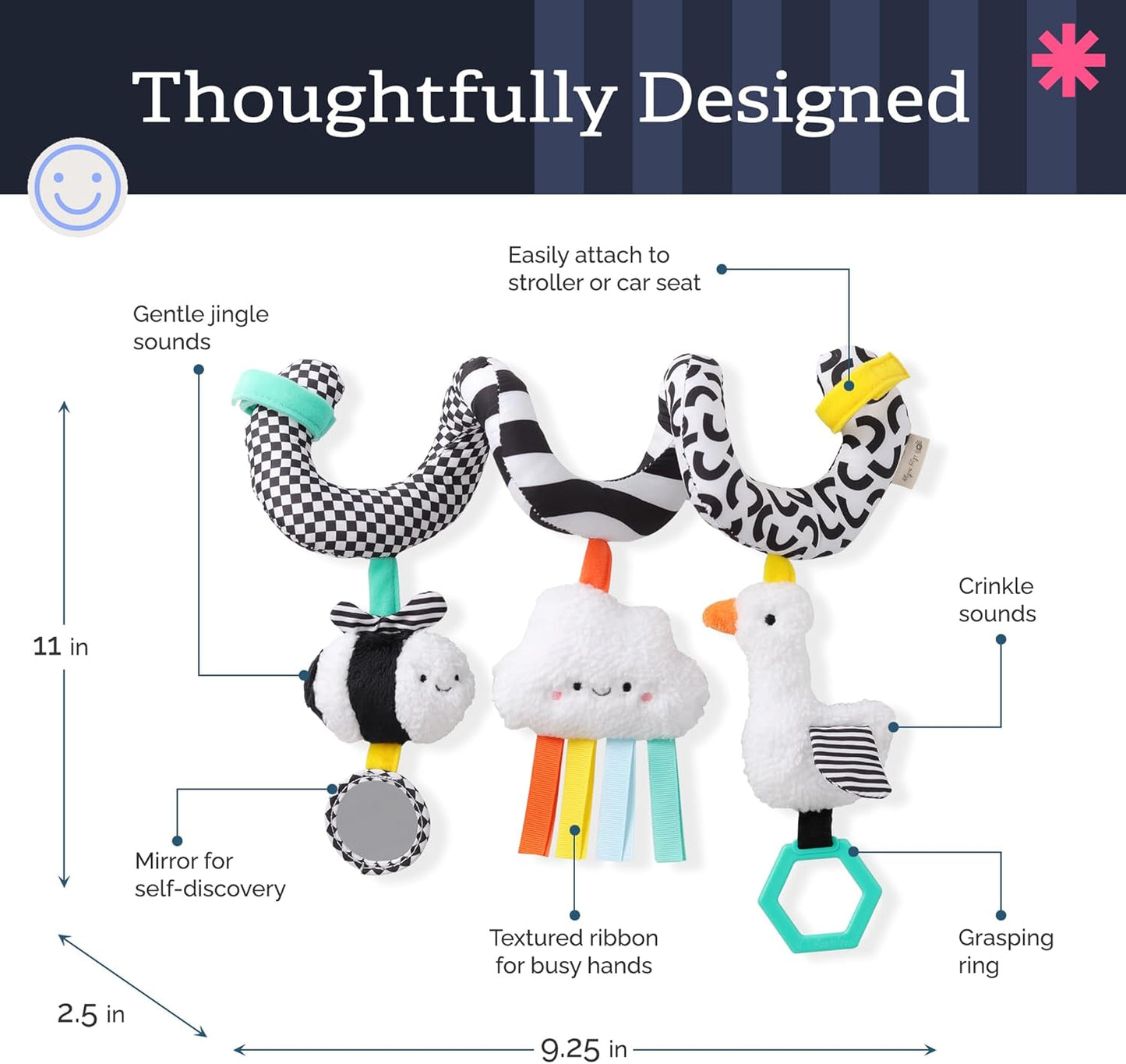 Itzy Ritzy Spiral Car Seat & Stroller Activity Toy - Stroller & Car Seat Toys for Ages 0 Months and Up - Hanging Toys Include Dangling Ring, Mirror and Textured Ribbons (Veggie)