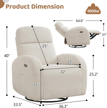 Nursery Glider Recliner, Power Swivel Rocking Recliner with USB & Type-C Port, Swivel Nursering Reclining Rocker with Double Pockets for Living Room, Camel Chenille