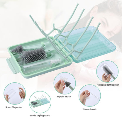 Rrwin Bottle Brush Cleaner Kit with Baby Bottle Drying Rack, Exendable Silicone Bottle Brush, Nipple Brush, Straw Brush, Soap Dispenser & Storage Box. Compact Size for Babies and Moms,Green