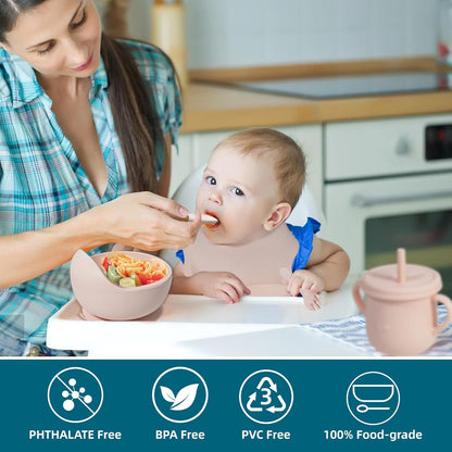 100% Silicone Baby Feeding Set, BPA Free Baby Dishes with Suction Bowl, Divided Plate, Toddler Self Feeding Dish Set with Spoons, Forks, Sippy Cup and Bib, Baby Eating Utensils (Navy Blue)