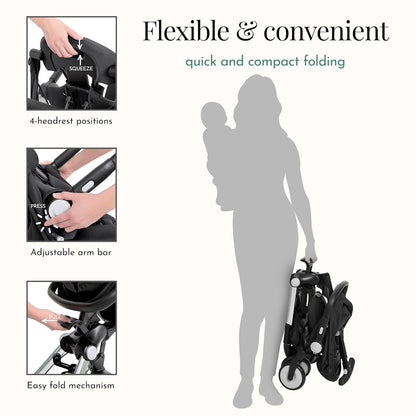 Evolur Velo Rider Travel Stroller – Compact, Lightweight Umbrella Stroller for Toddlers 6–36 Months, One-Hand Fold, Footrest, Rear Platform, 5-Point Harness, Portable & Travel-Friendly