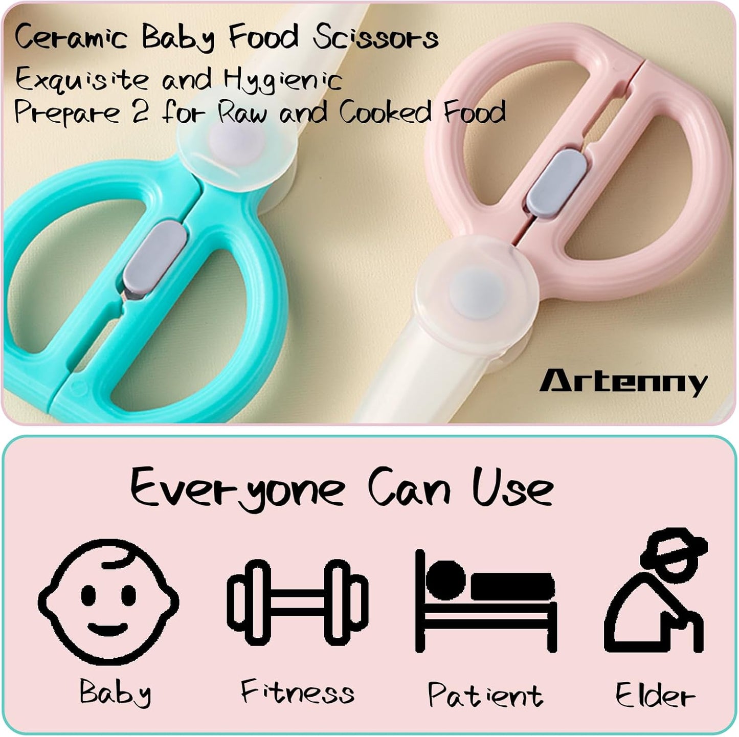 Baby Food Scissors with Travel Case, Ceramic Food Scissors Kids, Toddler Scissor with Safety Lock, Ideal for Pizza, Meats, Noodles, Vegetables, and Fruits (C)