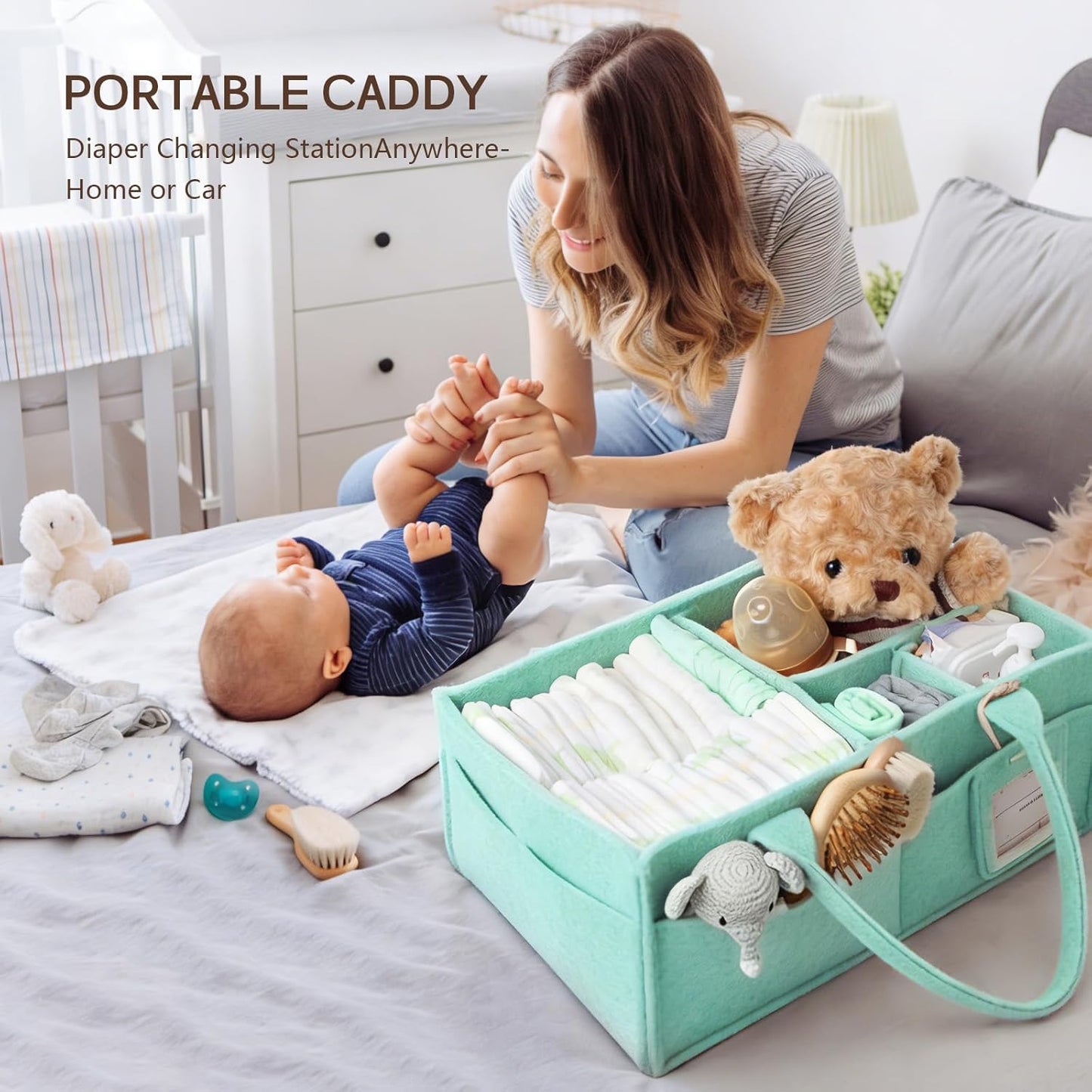 GEMII Diaper Caddy Organizer-Large Baby Caddy Organizer with Handle, Newborn Registry Essentials, Baby Shower Basket Gifts for Boys or Girls (Oatmeal, Large)