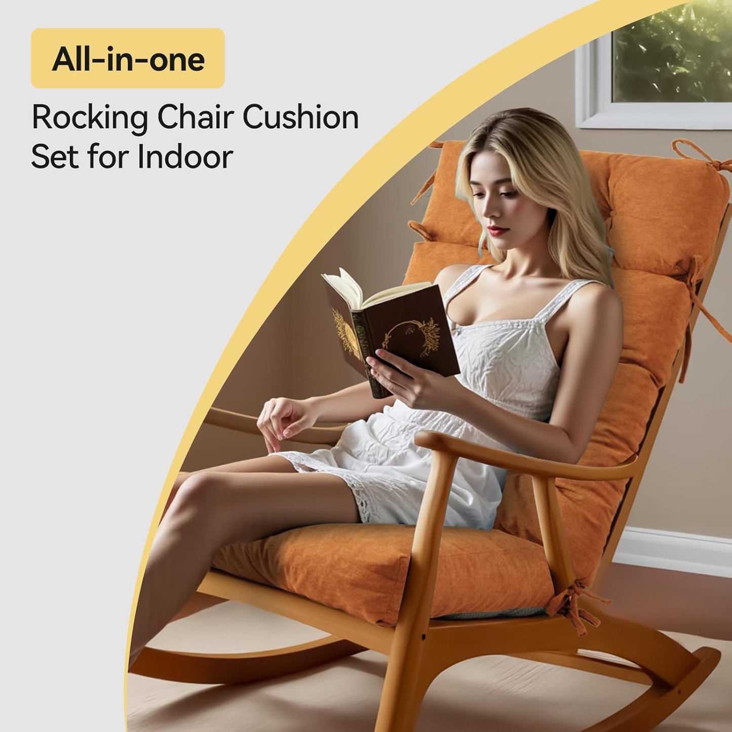 Millsilo Rocking Chair Cushions 3-Piece Set with Neck Pillow, Indoor Rocker Comfortable Tufted Non-Slip Pads with Ties, High-Density Foam Cushion for Adirondack Glider Chair, Orange, 52 x 19 x 4 Inch