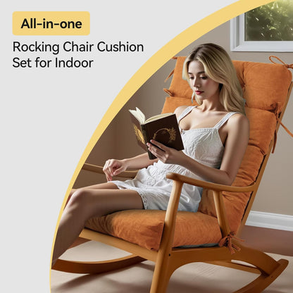 Millsilo Rocking Chair Cushions 3-Piece Set with Neck Pillow, Indoor Rocker Comfortable Tufted Non-Slip Pads with Ties, High-Density Foam Cushion for Adirondack Glider Chair, Orange, 52 x 19 x 4 Inch