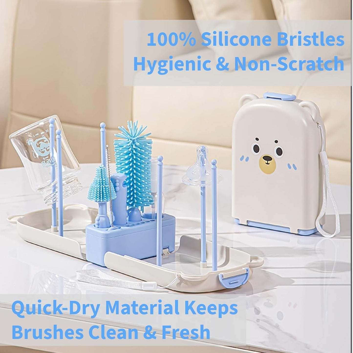 Travel Bottle Cleaner kit, 7in1 Baby Travel Gear Essential Silicone Travel Bottle Brush Set Nipple Drying Rack, Straw Breast Pump Cleaning Soap Dispenser Organizer Case Mon Gift (Pink)