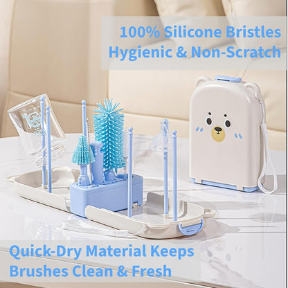 Travel Bottle Cleaner kit, 7in1 Baby Travel Gear Essential Silicone Travel Bottle Brush Set Nipple Drying Rack, Straw Breast Pump Cleaning Soap Dispenser Organizer Case Mon Gift (Pink)