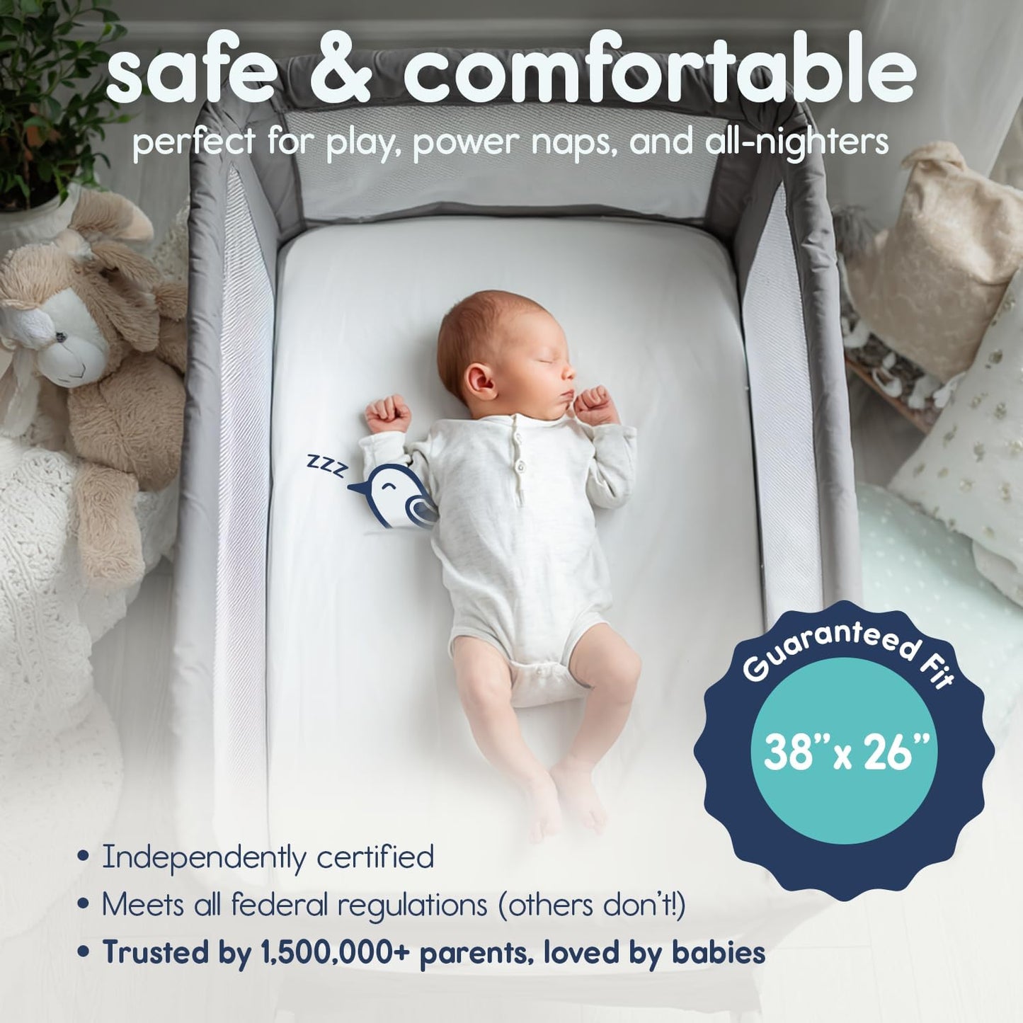 Hiccapop Playard Mattress Pad (38"x26"x1"), Playpen Pad, Portable Crib Mattress with Carry Bag, 1" Thick