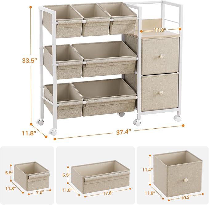 Modanais Kids Toy Organizers and Storage Bins - 7 Storage Bins + 2 Fabric Drawers + 1 Bookshelf, Playroom Storage, Mobile Cart Organizer for Toy, Clothes, Blankets and Books - Off White