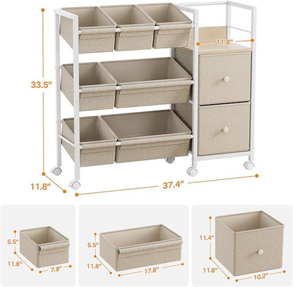 Modanais Kids Toy Organizers and Storage Bins - 7 Storage Bins + 2 Fabric Drawers + 1 Bookshelf, Playroom Storage, Mobile Cart Organizer for Toy, Clothes, Blankets and Books - Off White