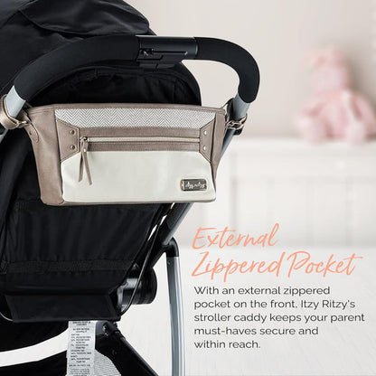 Itzy Ritzy Adjustable Stroller Caddy and Organizer Bag Featuring Front Zippered Pocket, 2 Built-In Interior Pockets & Adjustable Straps to Fit Nearly Any Stroller (Coffee and Cream)