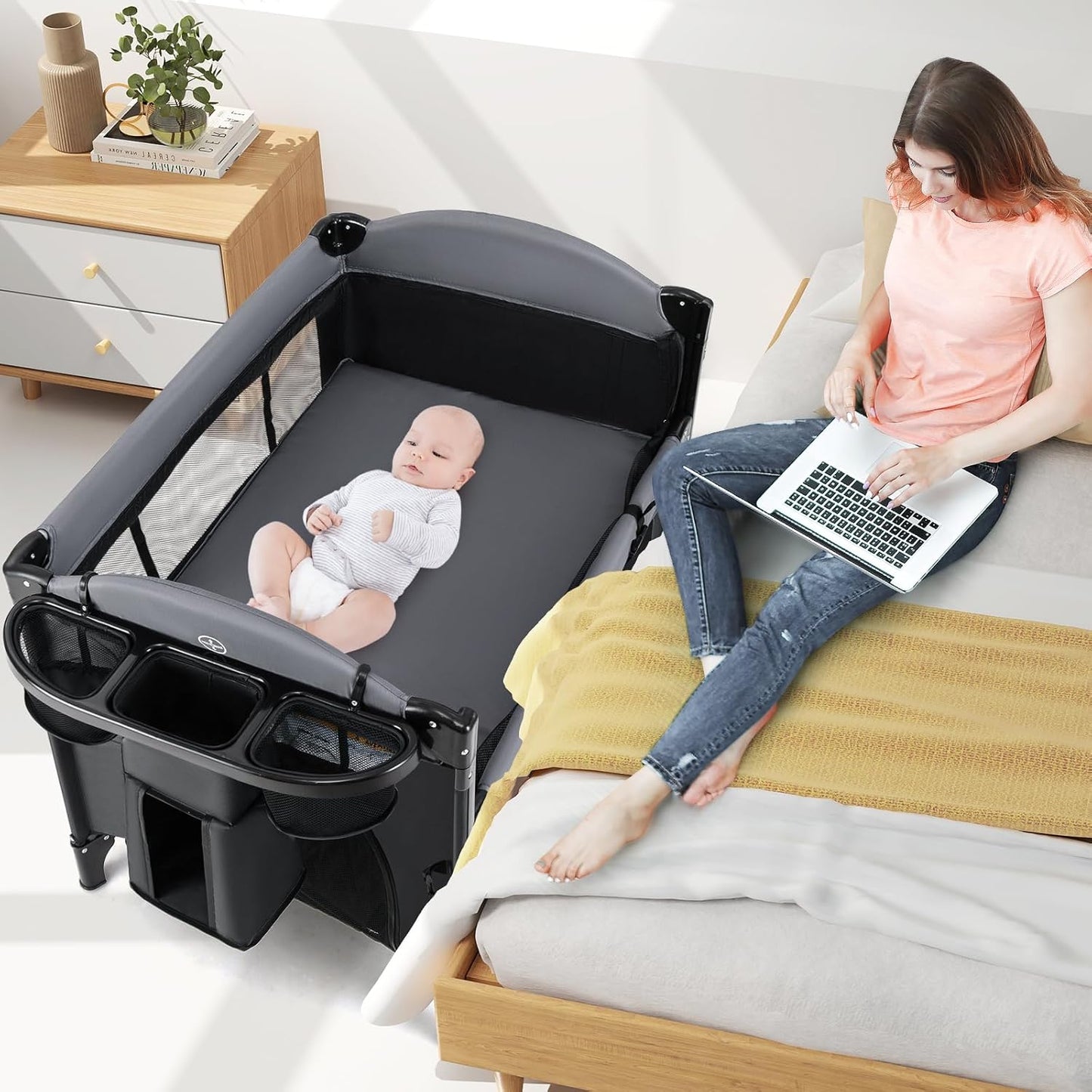INFANS Baby Bassinet, 4 in 1 Nursery Center Pack and Play Baby Playard with Changing Table, Mosquito Net, Storage Basket, Travel Bag for Newborn 0-36 Months (Gray)