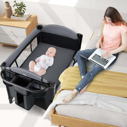 INFANS Baby Bassinet, 4 in 1 Nursery Center Pack and Play Baby Playard with Changing Table, Mosquito Net, Storage Basket, Travel Bag for Newborn 0-36 Months (Gray)