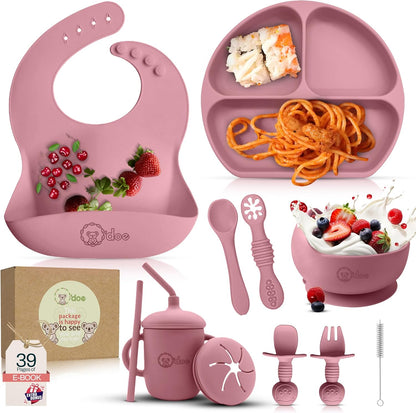 O'doe 17-Piece BPA-Free Silicone Baby Feeding Set | Thick & Soft Suction Plates, Baby Bowls, Wooden Fork & Spoon, and More | Make Mealtime Fun and Easy for Your Little One (Purple, V2)