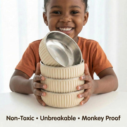 Monkey Proof™ Non-Toxic Stainless Steel Child Bowl 5” with Non-Slip Grooved Silicone Shell, (Set of 4 bowls) Unbreakable, Mess Free Feeding for Babies, Toddlers, Kids, BPA free (Stormy Sky Grooved)
