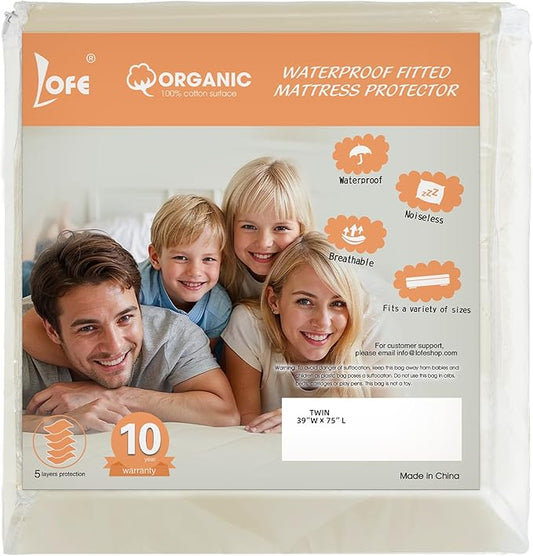 Organic Cotton Twin Mattress Protector - Top&Side 100% Waterproof Mattress Protector, Breathable Organic Mattress Protectors, Noiseless Twin Mattress Protectors Waterproof 75x39x17 in