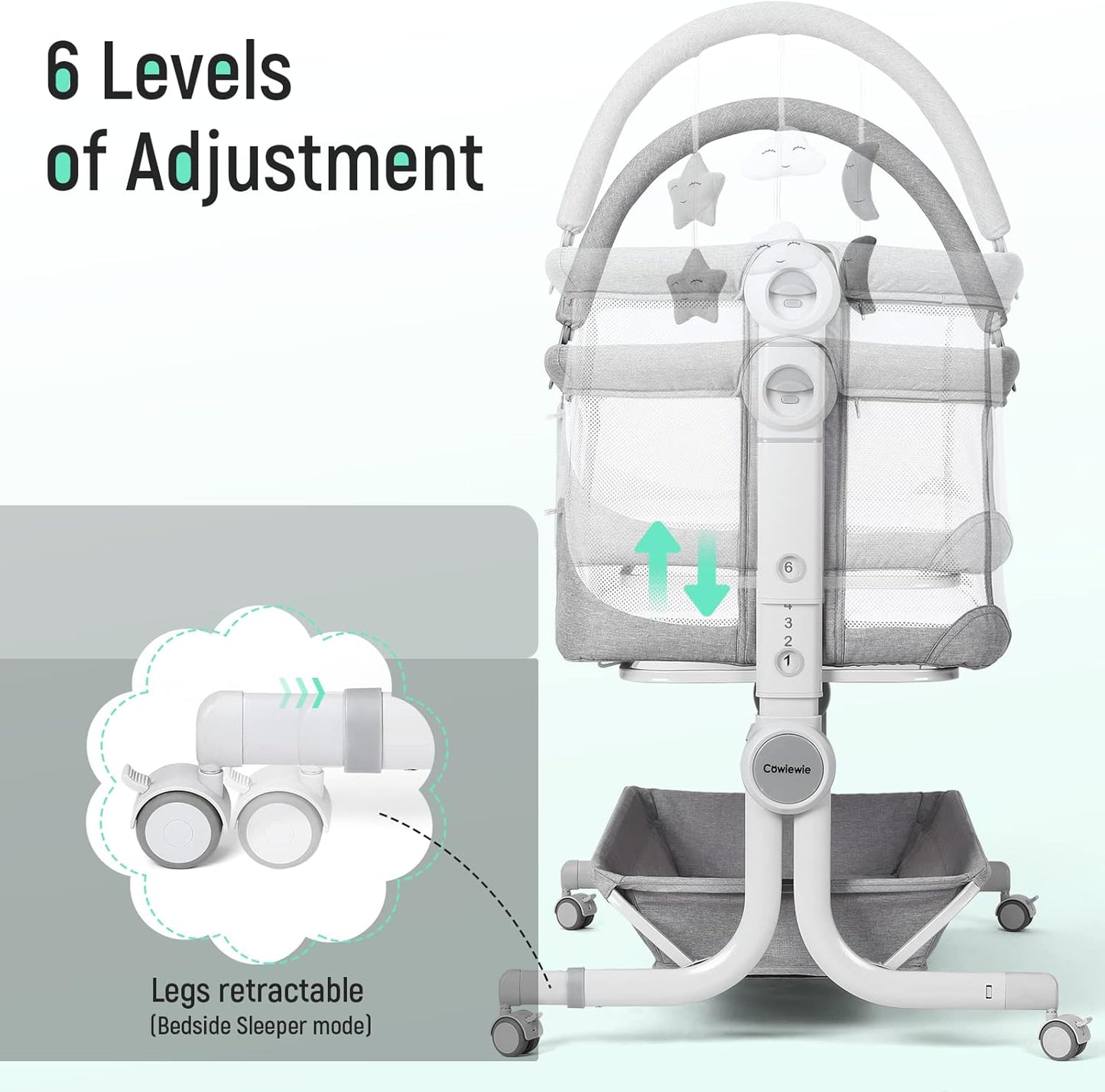 Cowiewie Baby Bassinet 4-Sided Mesh Bedside Sleeper with Wheels for Infant/Newborn Foldable Adjustable Height Portable Bedside Crib(Grey) | Breathable Mesh