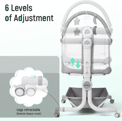 Cowiewie Baby Bassinet 4-Sided Mesh Bedside Sleeper with Wheels for Infant/Newborn Foldable Adjustable Height Portable Bedside Crib(Grey) | Breathable Mesh