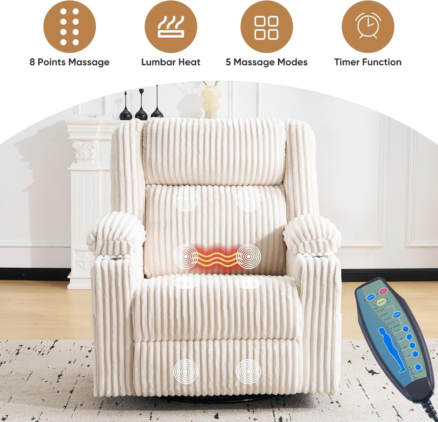 Oversized Power Recliner Chair with Massage and Heat, Swivel Rocker Recliner Chair for Adults with Arm Storage, Nursery Glider Recliner with Adjustable Headrest and Phone Stand, Side Pockets, Beige