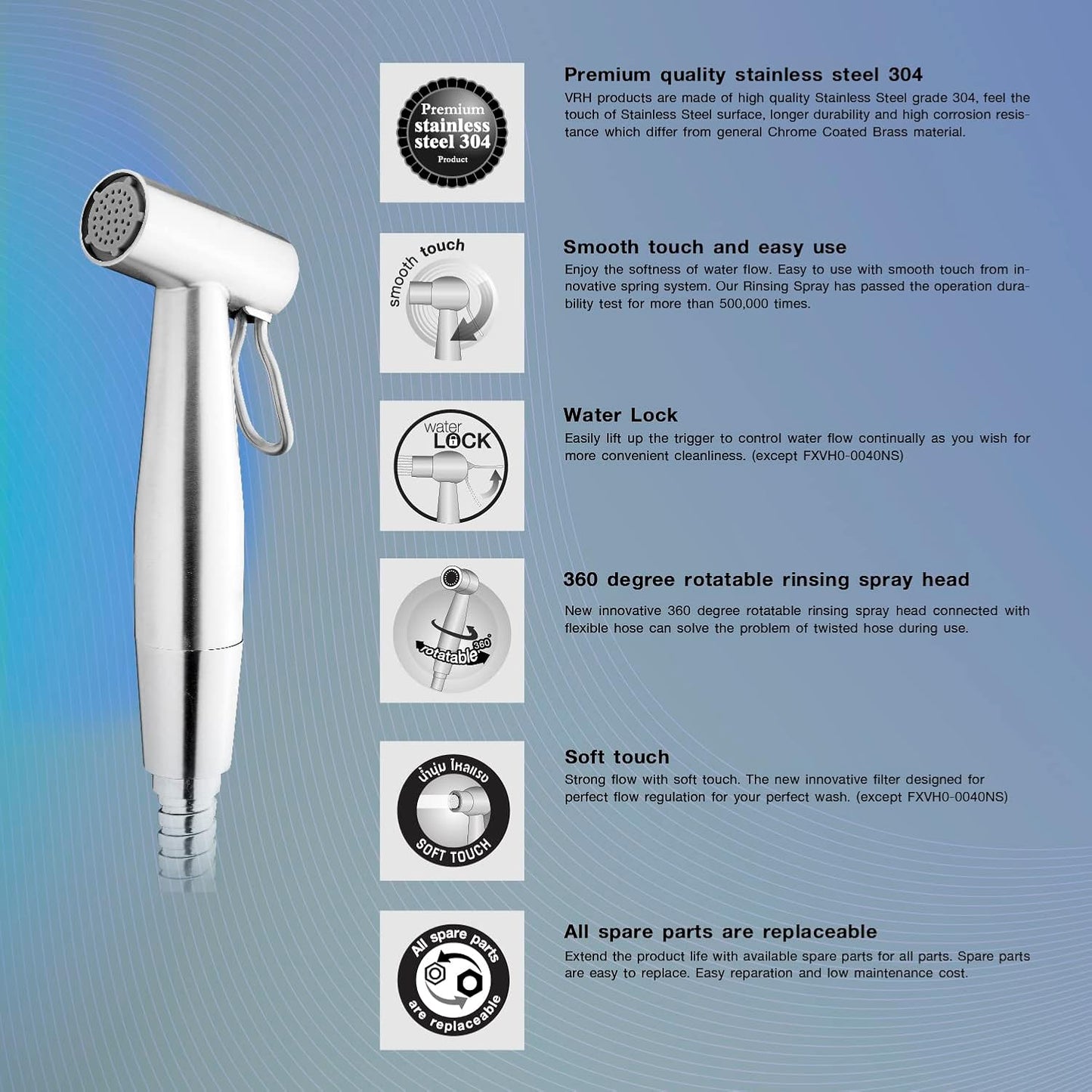 VRH Bidet Sprayer for Toilet and Baby Cloth Diaper Sprayer, Handheld Shattaf Bidet Spray for Toilet with Stainless Steel and Complete Accessories FXVH0-0040ES