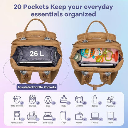 RUVALINO Diaper Bag Backpack, Multifunction Travel Pack Maternity Baby Changing Bags, Large Capacity, Waterproof, Golden Brown