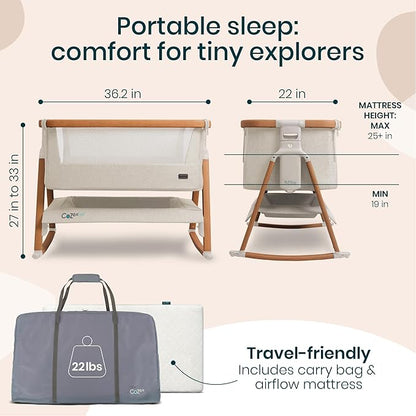Tutti Bambini CoZee® Air Baby Bassinet & Bedside Sleeper - Rocking Bassinet for Baby, Fast-Folding with Travel Bag, Deluxe Airflow Mattress & 6 Mattress Heights, 0-6 Months (Walnut & Ecru)