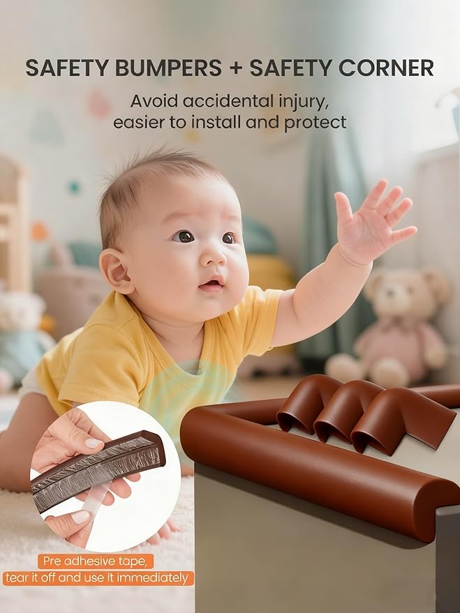 Baby Proof Edge Corner Protector, 16.4FT 0.47''Th L-Shape Furniture Corner & Edge Safety Bumpers with 10 Corners, Pre-Taped, Soft NBR Rubber Foam Desk Edge Cushion Wall Corner Protector (Brown)