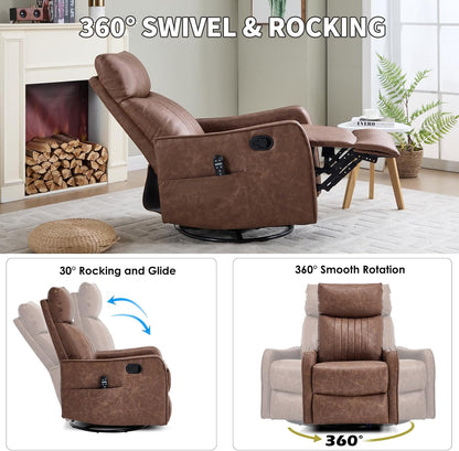 Trustyue Swivel Rocker Recliner Chair, 360° Swivel Recliner with Heat and Massage, Rocker Recliner Nursery Glider Chair with Side Pockets for Living Room (Beige, Fabric)