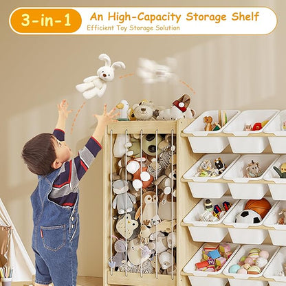 EXPERLAM Large Toy Storage Organizer, Wooden Stuffed Animal Storage & 12-Bins Toy Organizer, Double-Sided Plush Toy Holder Featuring Thicker Ropes, Space Save Playroom Nursery Bedroom Storage, White
