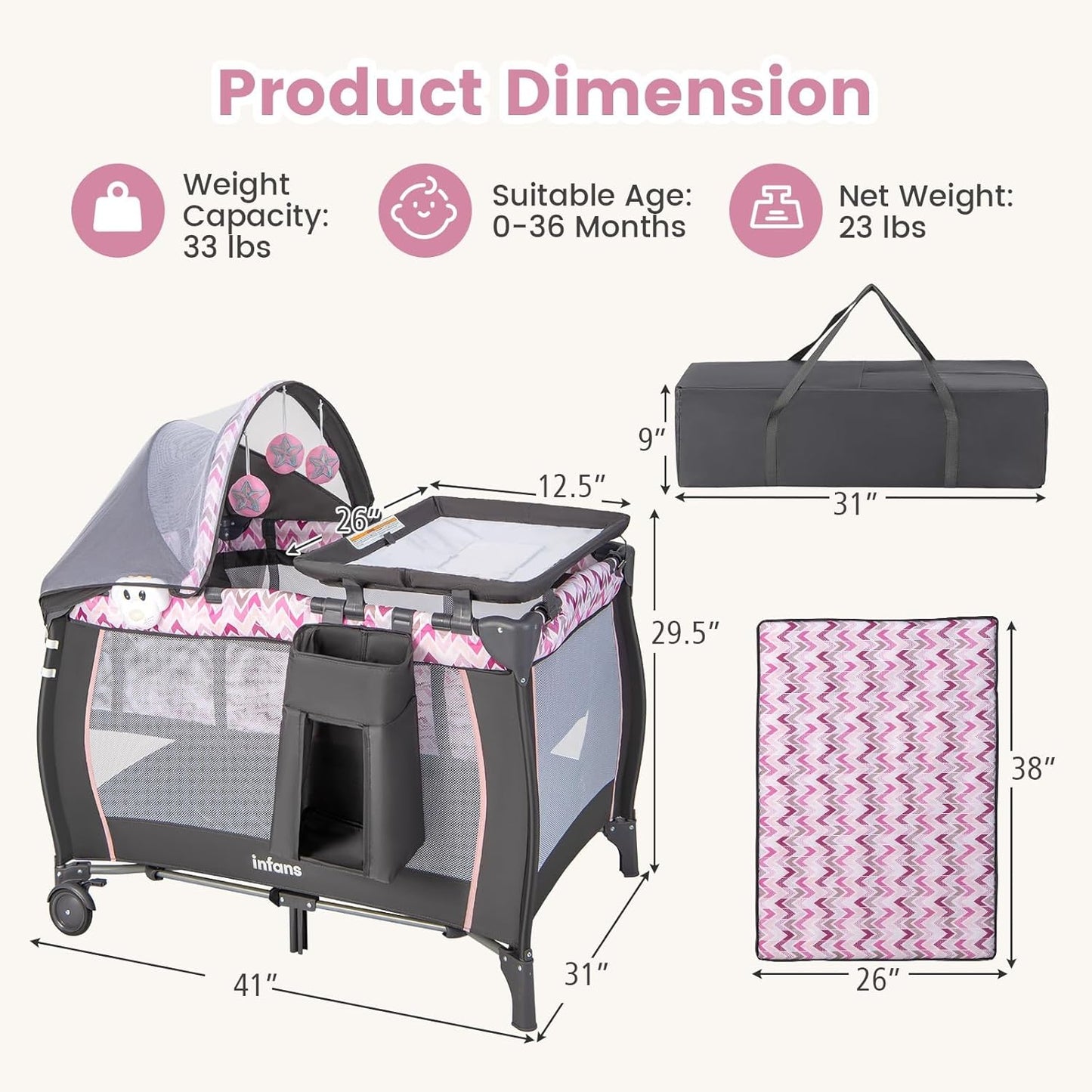 INFANS 4 in 1 Pack and Play, Portable Travel Baby Playard with Bassinet, Changing Table, Canopy, Mosquito Net, Hanging Toys, Music Box, Storage Bag, Large Playpen from Newborn to Toddlers (Pink)