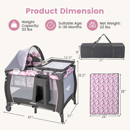 INFANS 4 in 1 Pack and Play, Portable Travel Baby Playard with Bassinet, Changing Table, Canopy, Mosquito Net, Hanging Toys, Music Box, Storage Bag, Large Playpen from Newborn to Toddlers (Pink)