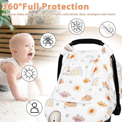 Car Seat Cover Baby Girl, Warm Winter Carseat Cover for Baby, Kick-Proof Infant Car Seat Cover with Peep Window, Windproof & Cozy, Pink Rainbow