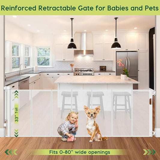 Reinforced 80 Inch Extra Wide Retractable Baby Gate with Support Rods, Indoor/Outdoor Retractable Pet Gates for Wide Openings, 33” Tall Mesh Dog Gate Indoor Extra Long Baby Gates for Decks, White