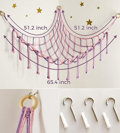 mirolam Large Stuffed Animal Hammock Corner Net for Toys Storage Hanging Stuff Animal Organizer Holder Pink Purle Girls Room Bedroom Boho Nursery Decor