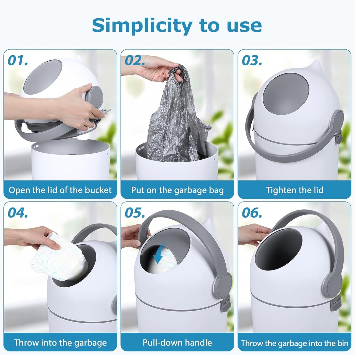 Diaper Pail Odor Control Bin, Large Capacity Diaper Disposal Container, Plastic 15L Holds 16 Diapers Airtight Lid, with Odor Blocking Baffle for Home Nursery Room Living Room White