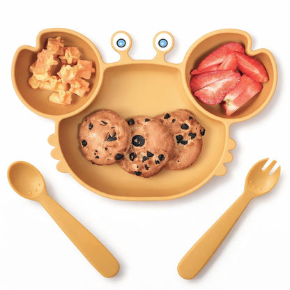 ROCCED Suction Plates for Baby, Silicone Plates with Suction Divided, Baby Spoon Fork Set for Toddler Baby Dishes Kids Utensils-Crab Dusty Blue