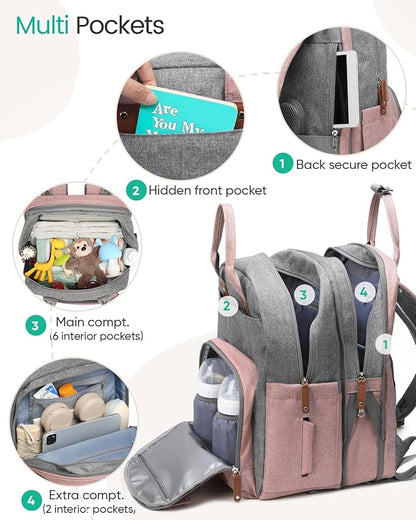 Qualyphant Extra Large Diaper Bag Backpack for Two Kids Twins - Expandable Baby Bag (26-36L), Dual Big Compartments - Includes Changing Pad & Stroller Straps, Unisex Pink Grey